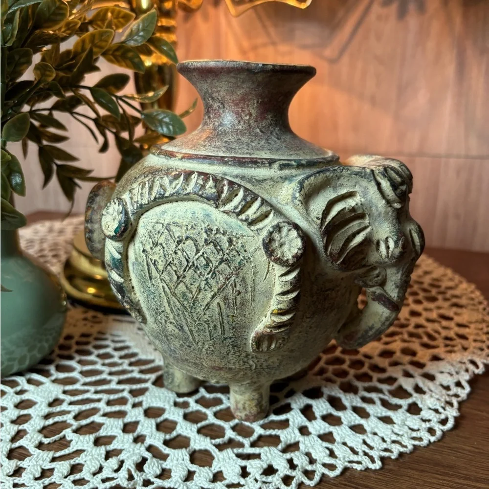 Vintage Thai Earthenware Elephant Vase in Distressed Green and Brown Terracotta